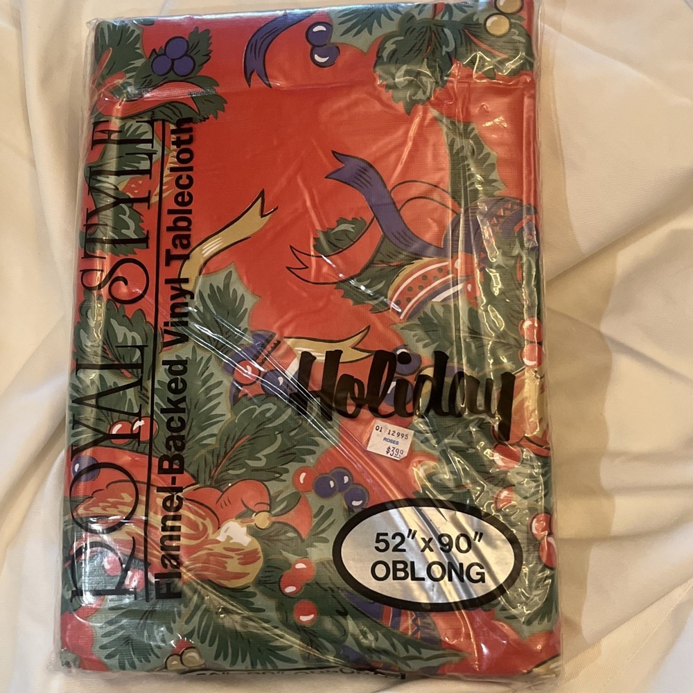 NOS Vintage 1990's Christmas Tablecloth Large 90" x 52" Holiday Ornaments